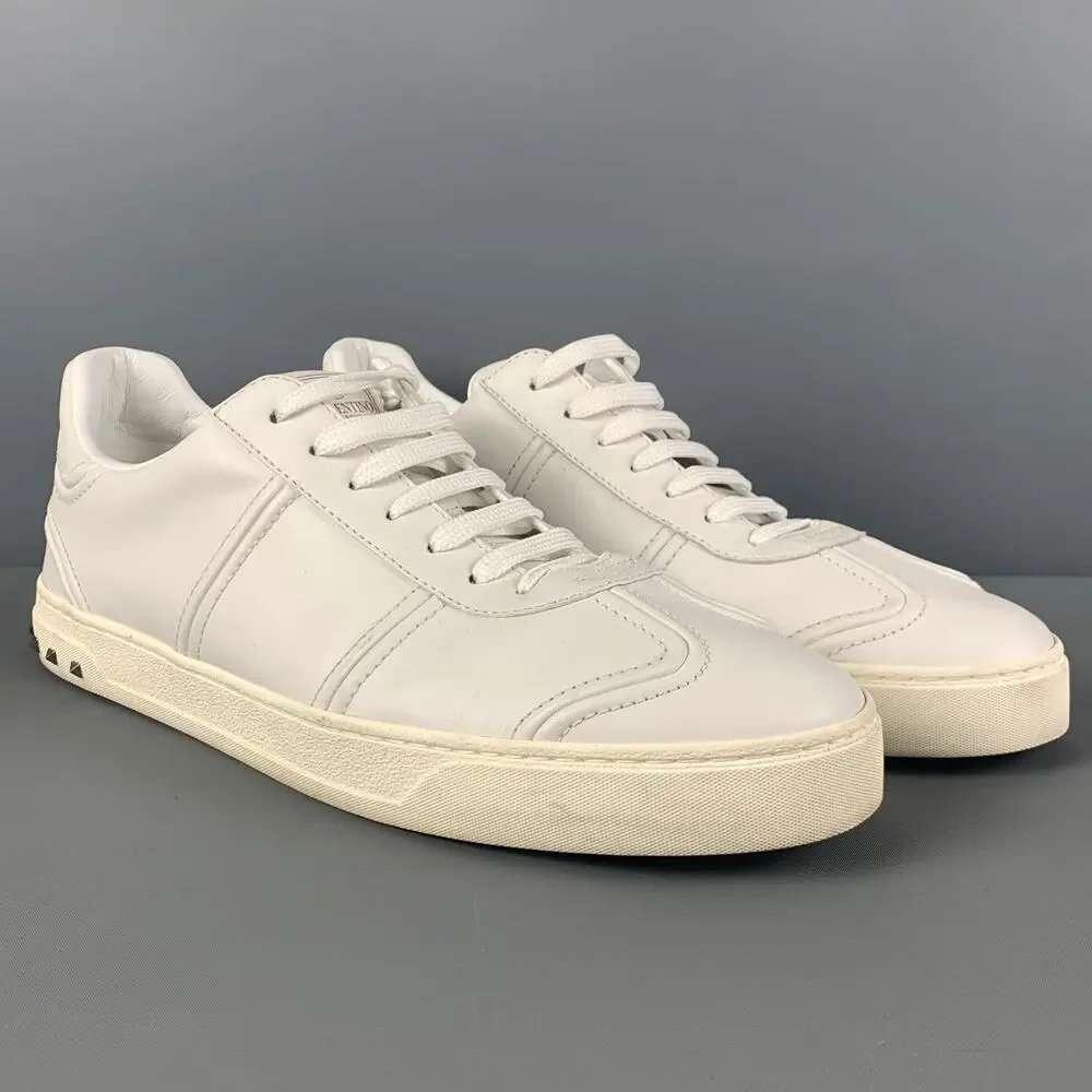 VALENTINO Size 12 White Studded Leather Lace Up Sneakers